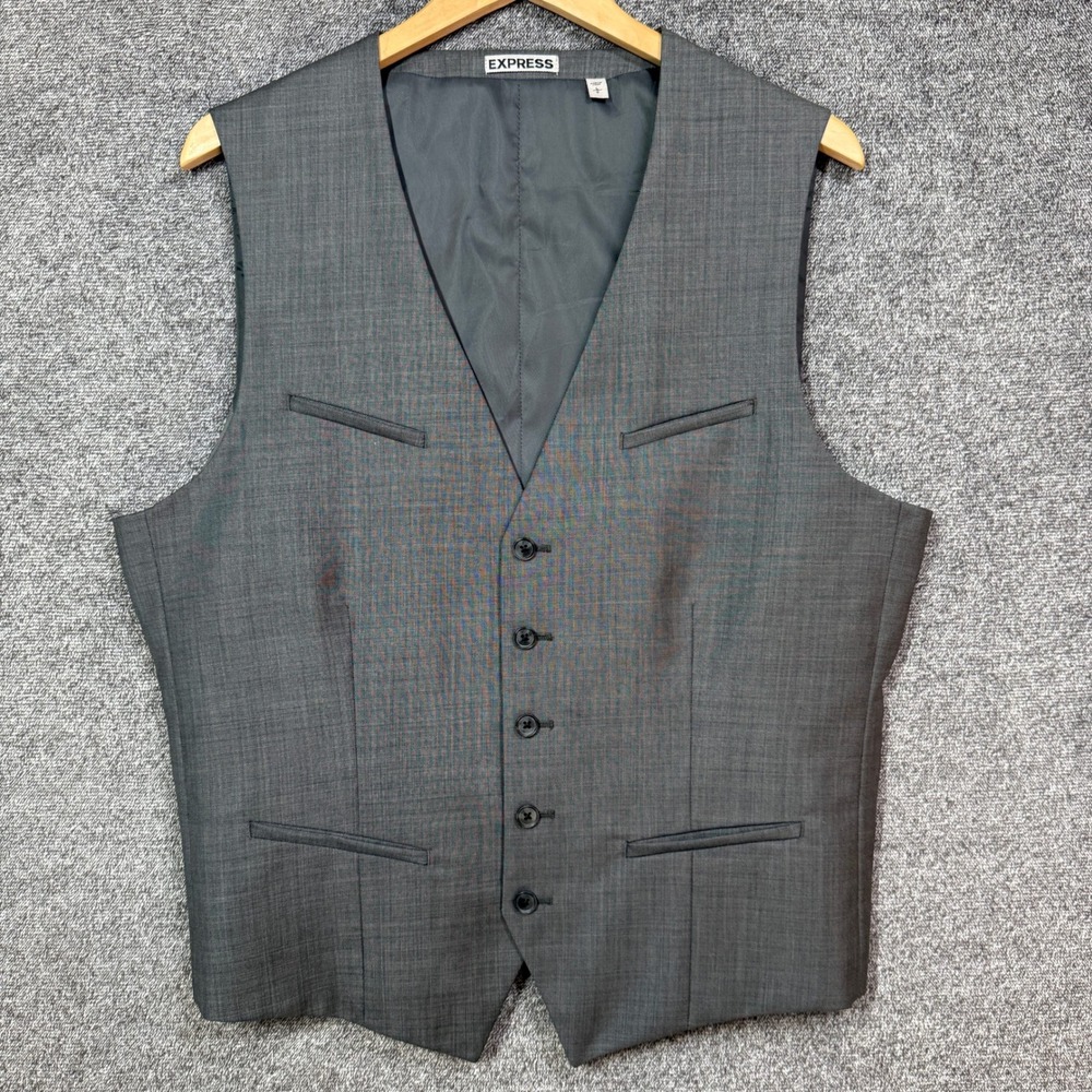 Express Suit Vest Mens L Gray Wool Blend Waistcoat Size Large Adjustable Back